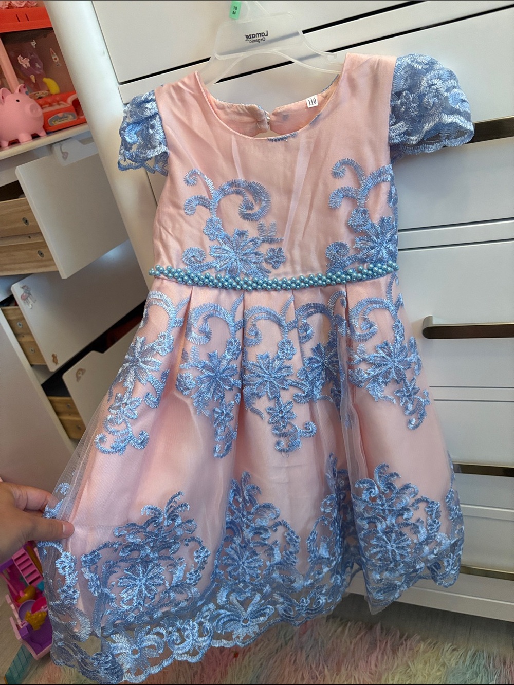 Pink & Blue Embroidered Girls' Formal Dress with Pearl Waist